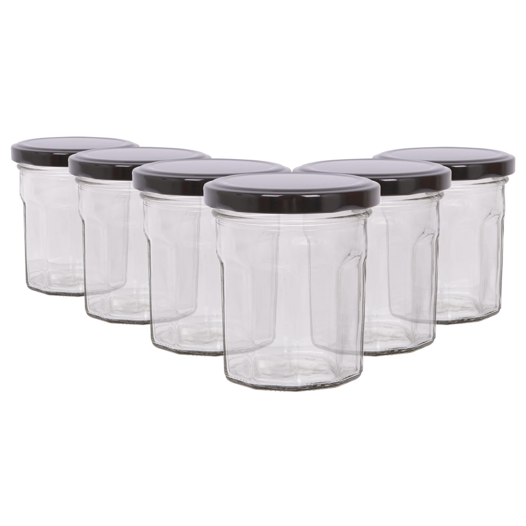 Argon Tableware Black Lid Glass Jam Jars With Airtight S - 150Ml - Pack Of 6 - Empty Screw Top Kitchen Storage Jar For Food, Honey, Spice, Pickling, Preserving, Candle Making