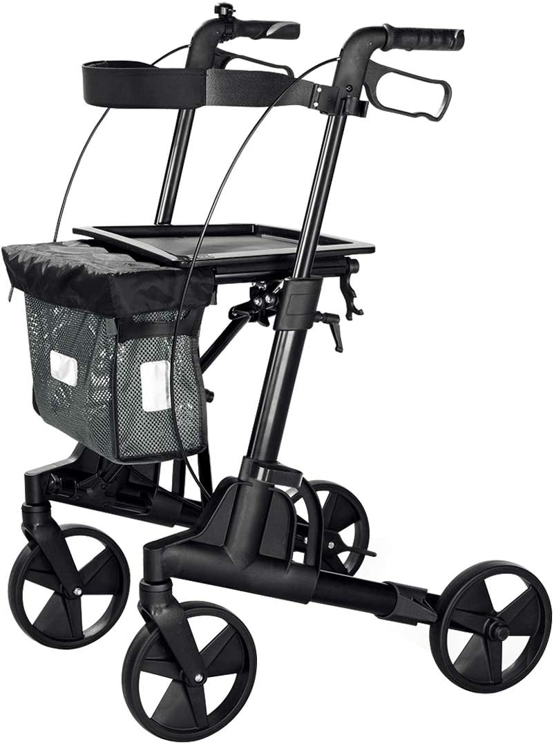 Rollator Walker with Seat, Aluminum Medical Walkers for Seniors and Adults, Folding Rolling Walker with 8-inch Wheels Supports up to 300 lbs, Black