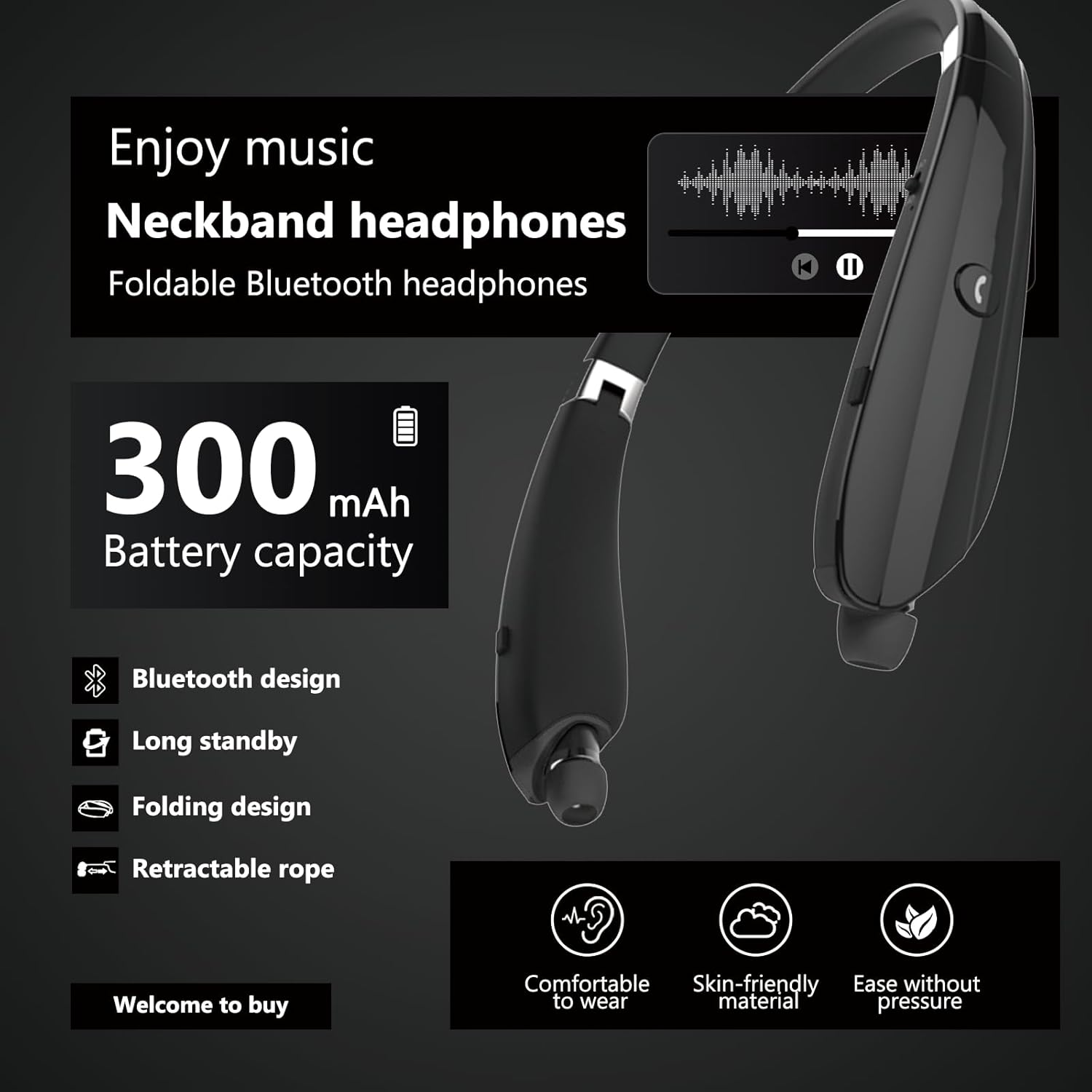 Neckband Bluetooth Headphones,Foldable Wireless Neckband Headset with Retractable Earbuds Noise Cancelling Stereo Earphones Suitable for Various Sports,LX01