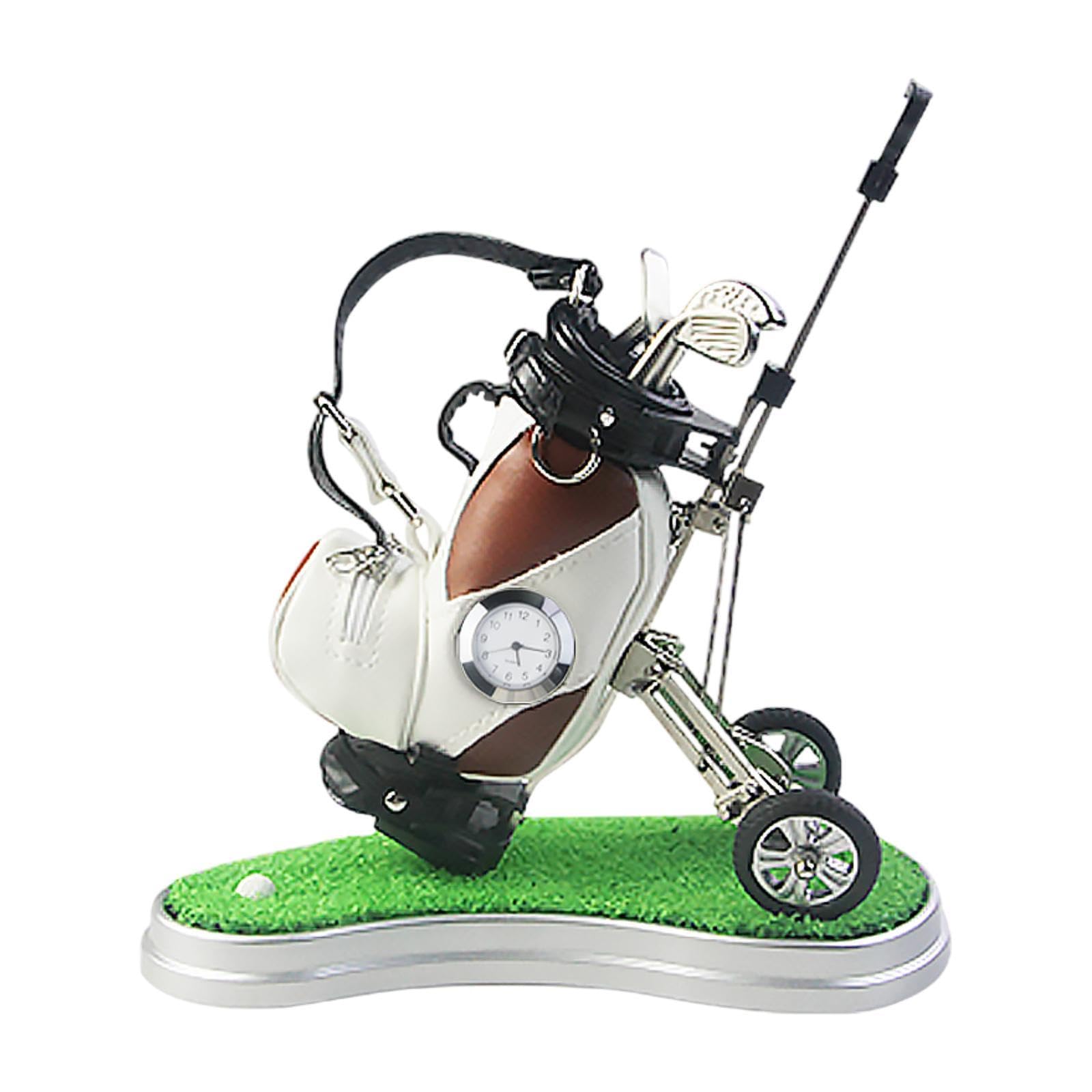 Golf Bag Pen Holder Mini Golf Tasche Stifthalter mit Uhr Und Kuli Halter Aus Robustem PU Und Metall für Geschenk Büro Zuhause Schreibtischdekora, Braun Weiß