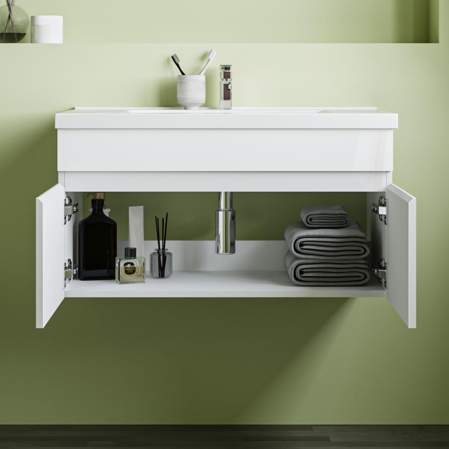 Aica Sanitär Waschtisch mit Unterschrank 80cm Bergen Badmöbel Set Hochglanz Weiß Keramik Waschbecken mit Unterschrank MDF Softclose