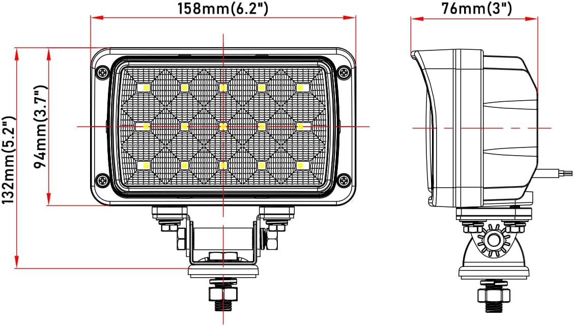 Lightronic 4x6 inch Rectangular Off-Road LED Work Light, Super Bright 6000K Cool-White, Wide Flood Beam for Trucks & Tractors, Plug & Use DT Connector, IP68 Waterproof/Dustproof, 12V/24V DC, 2-Pack