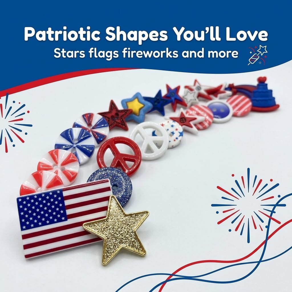 Patriotic Craft & Sewing Buttons – 50 Piece Red White & Blue Button Assortment