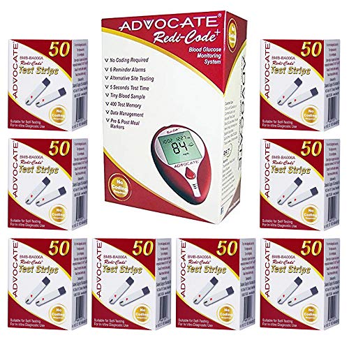 Advocate Redi-Code+ Test Strips Package - 8 Boxes (400ct) with Non-Speaking Blood Glucose Meter