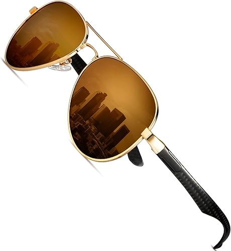 HENGOSEN Aviator Sunglasses with Carbon Fiber Temple for Men Women, Polarized Pilot Sunglasses Metal Frame with UV Protection