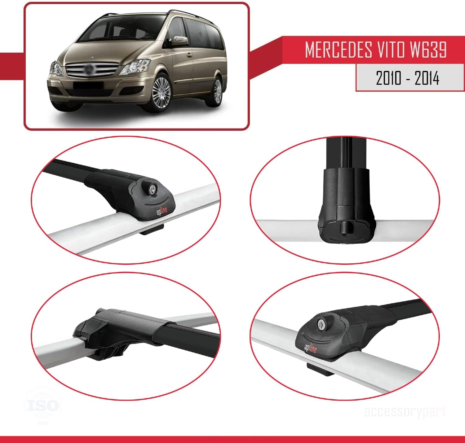 accessorypart Compatible with Mercedes Vito 2 (W639) Post-Facelift 2010-2014 ACE-1 Car Roof Rack Cross Bar Black Aluminium 4 Bars