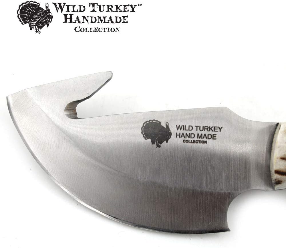 Wild Turkey Handmade Collection Full Tang Fixed Blade Gut Hook Skinner Knife w/Leather Sheath. (Stag) - Image 3