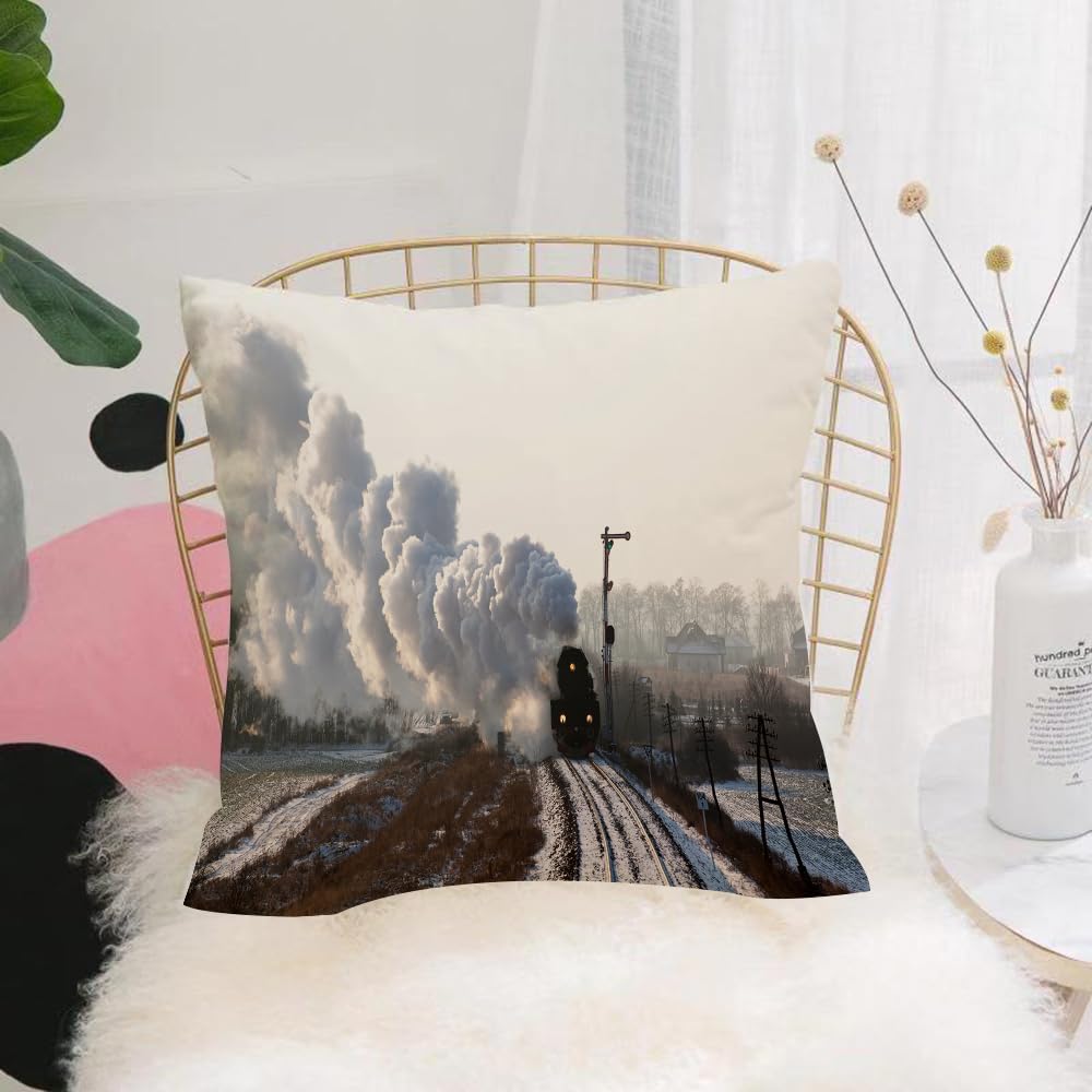 Hyosxw Steam Engine,Train On Rails Winter Snow Land - A6 Cushion Cover,Throw Pillow Case Home Decorative For Living Room Bedroom Sofa Chair 18X18 Inch,Steam Engine,Train On Rails Winter Snow Landscape Steel Industrial Theme Rural,Pillowcase 45X45cm