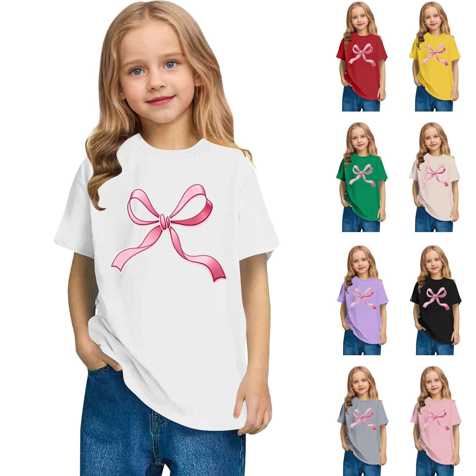 KODMNSW T-Shirt für Mädchen Sommer Kurzarm Tshirt Kinder Süße Oberteile mit Schleife-Print Basic Shirt Rundhals Casual Kindershirt Locker Kurzarmshirt Sportshirt Sommershirt Weiß 130