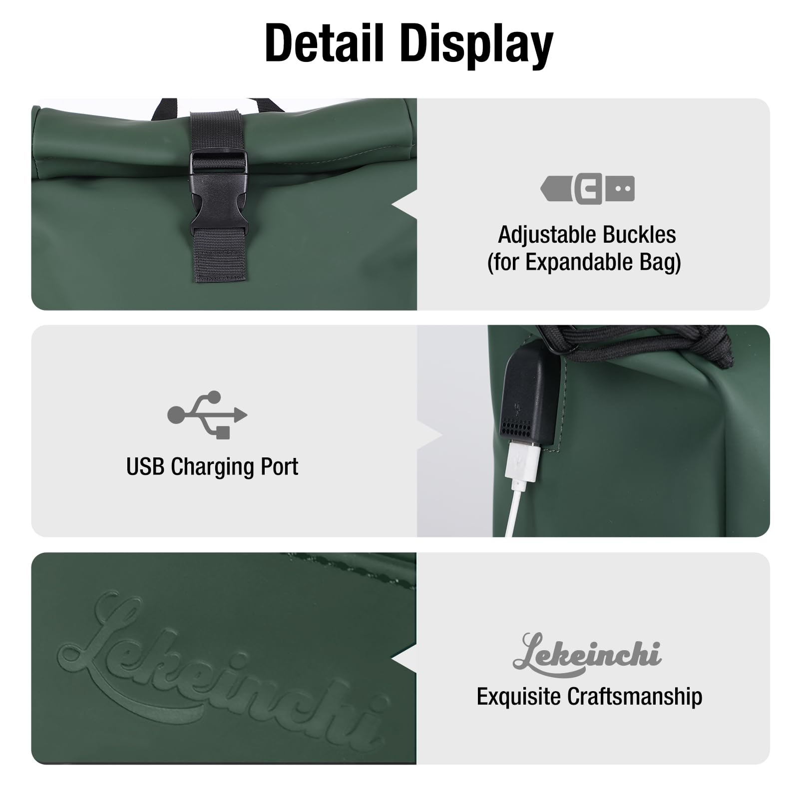Lekeinchi Zaino Rolltop Uomo Donna Porta PC 17 Pollici | Zaino Impermeabile Uomo Donna - Rains Zaino con Strisce Riflettenti - Zaino da Viaggio Espandibile - Casual Lavoro Università - Verde XL