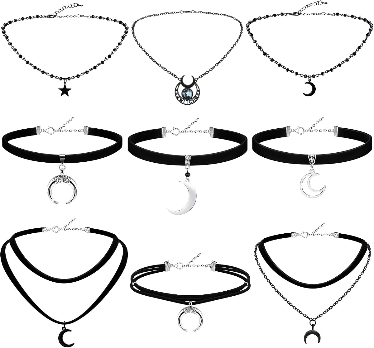Ferreve 9 Pcs Black Choker Necklace for Women Gothic Velvet Choker Set Star Moon Vintage Y2k Rock Necklace for Goth Jewelry Gift