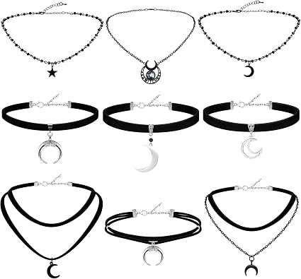Ferreve 9 Pcs Black Choker Necklace for Women Gothic Star Moon Choker Set