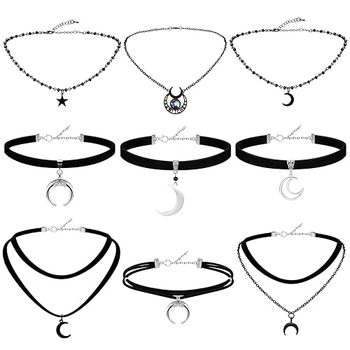 Ferreve 9 Pcs Gothic Choker Necklace for Women Black Star Moon Vintage Y2k Rock Necklace for Mother's Day Jewelry Gift