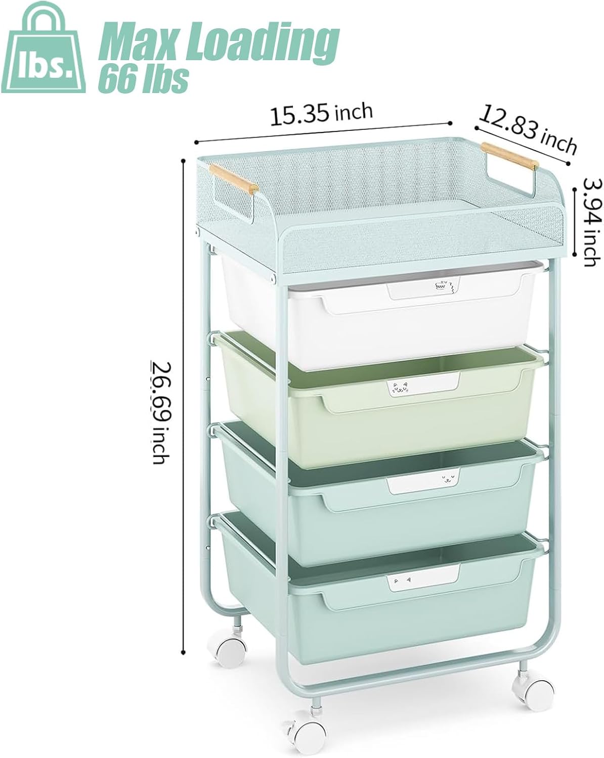 4 Drawer Rolling Utility Craft Storage Organizer Cart with Convenient Mesh Top, Art Supplies Storage Cart with 4 DIY Labels for Home Office Classroom Bedroom Kids, Green
