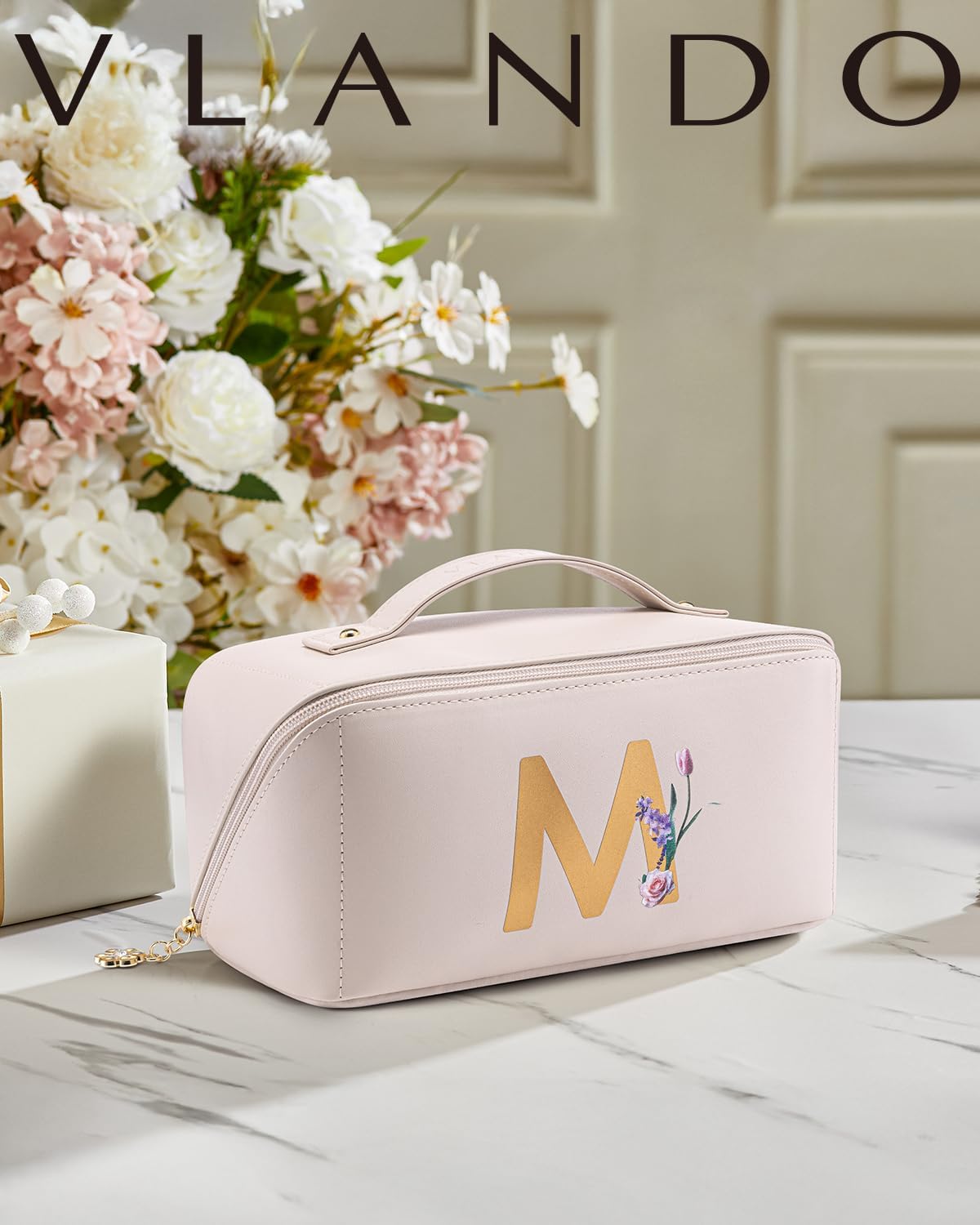 VLANDO Gifts for Women, Initial Makeup Bag,Travel Makeup Bag,Teacher Appreciation Gifts Birthday Gifts Bridesmaid Gifts Bride Wedding Gifts Graduation Gifts Valentine's Day Gift(Letter M)