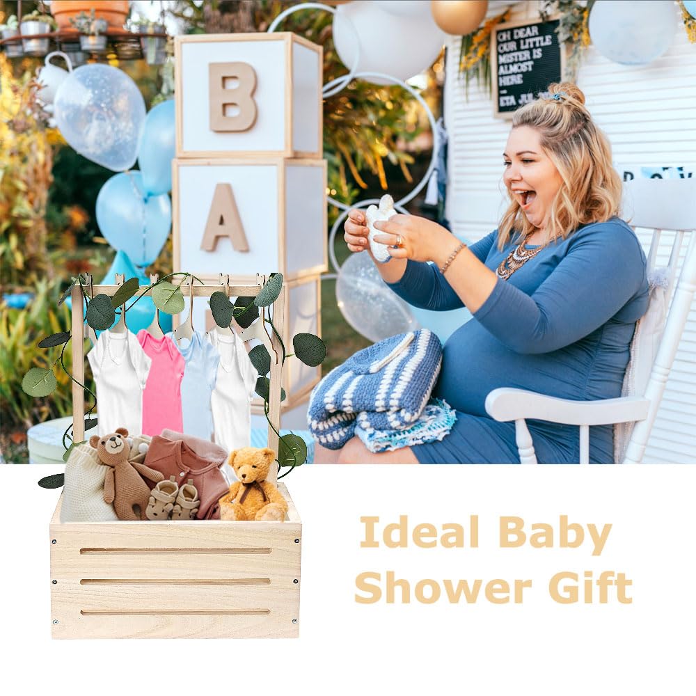 GaliGali Drewniana szafka na baby shower, kosz prezentowy dla noworodka z uchwytem i girlandą dla dzieci, pudełko do przechowywania ujawnienia płci, spersonalizowany prezent dla dzieci w ciąży dla