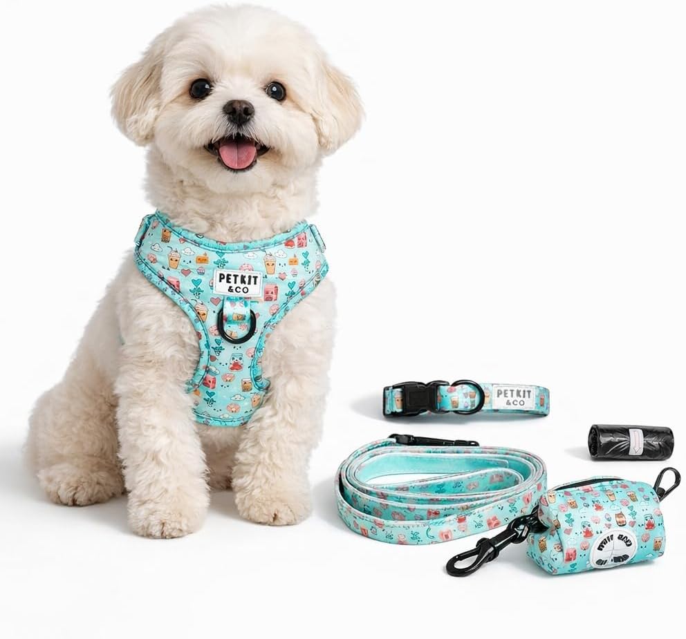Petkit&Co Adjustable Dog Harness Set with Leash, Collar, Poop Bag Dispenser, ID Tag & Soft Dog Blanket – Everyday Walking Kit for Medium (M)