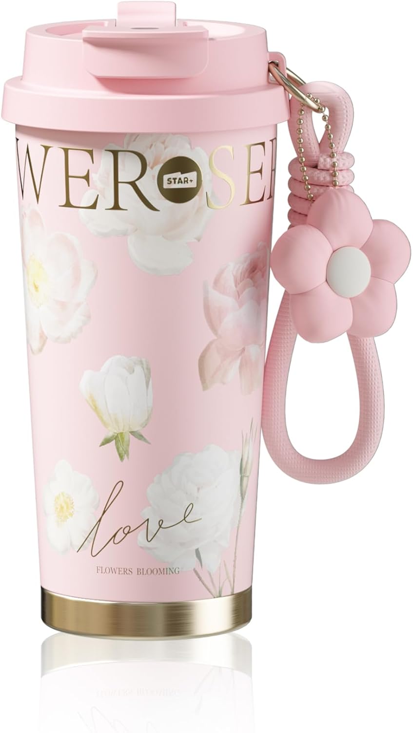 Sidagar Insulated Travel Coffee Mug,18 oz Stainless Steel Coffee Tumbler with Flip Straw, Double Wall Thermal Cup with Leak Proof Lid,Reusable Ceramic Water Bottle for Office, Pink