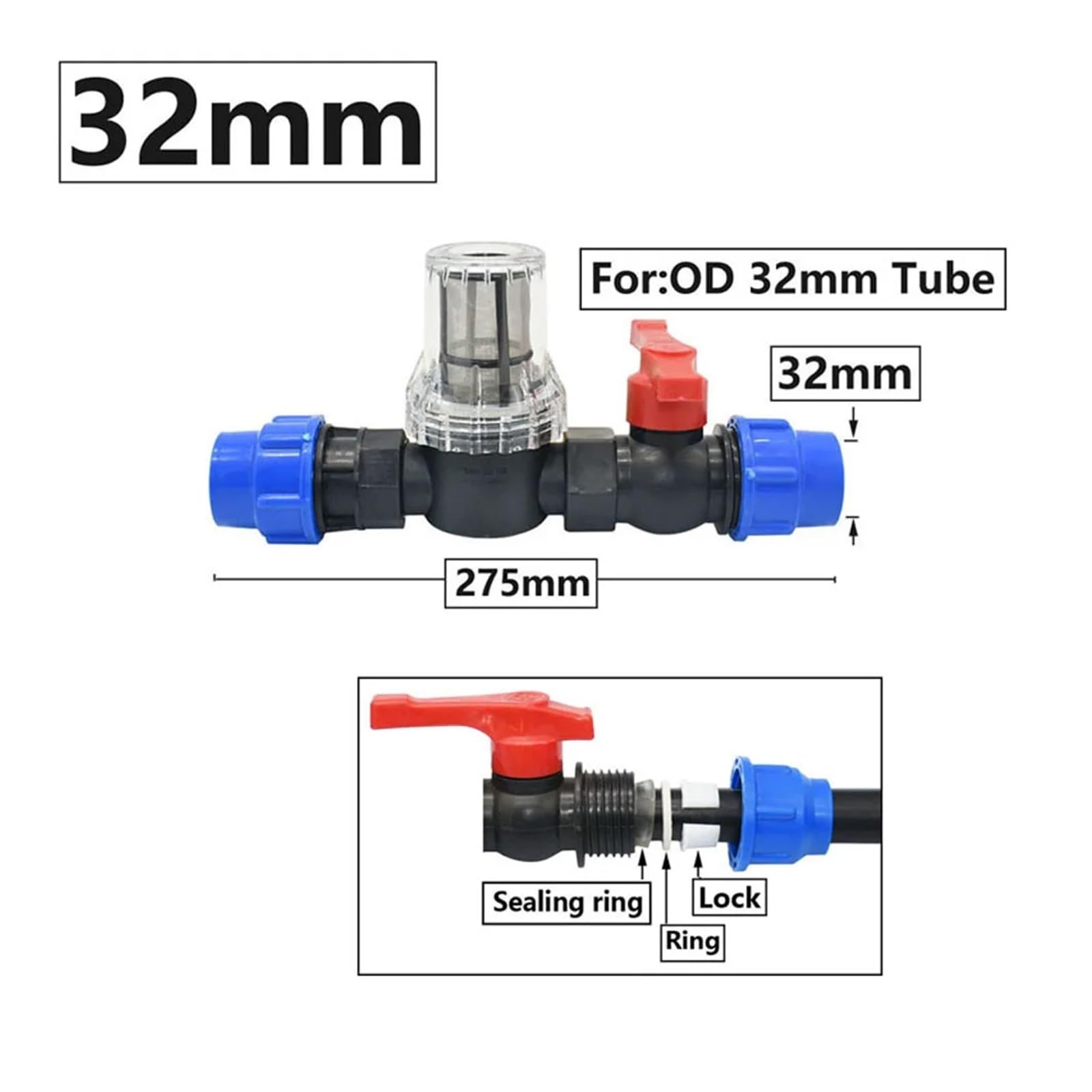 25mm 32mm Tubo in PE Connettore rapido Rubinetto Filtro Valvola acqua Raccordo for tubo in plastica Farm Outdoor Secchio di raccolta acqua piovana(32-A)