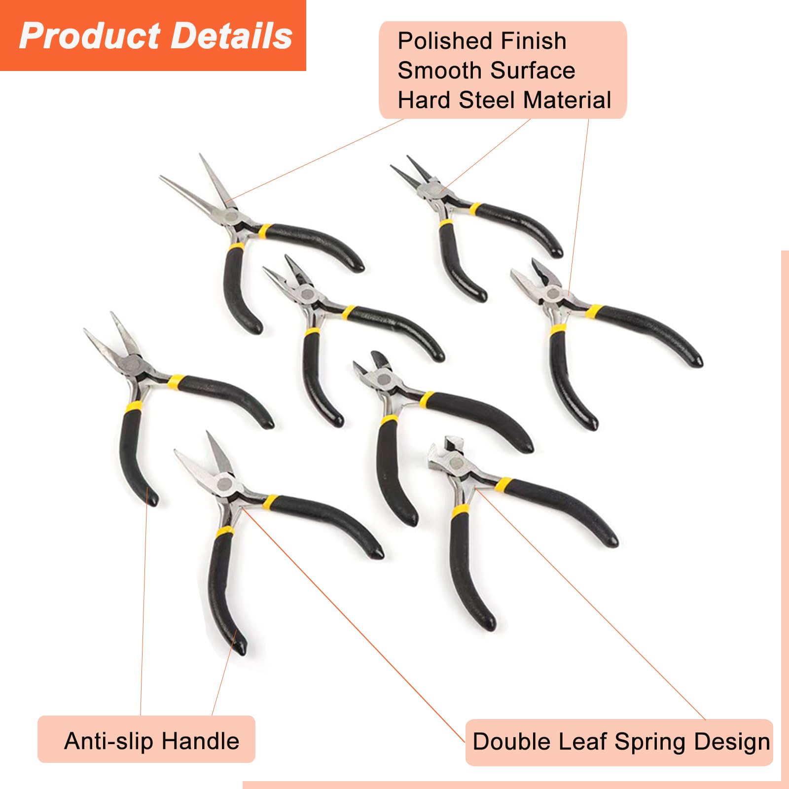 Lot de 8 pinces à bijoux comprenant une aiguille, une chaîne de nez, une pince ronde courbée, un coupe-fil pour le bricolage, le sertissage, la réparation de coupe (noir et jaune)