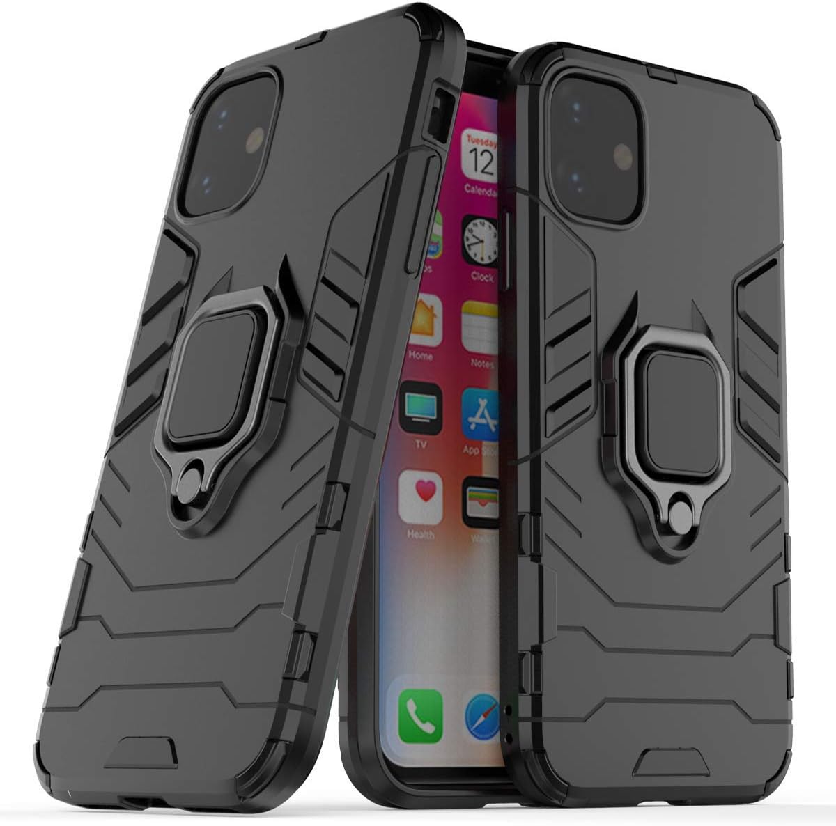 Kailer Apple iPhone 11 Case With Ring Holder Kickstand, Magnetic Car Mount Phone Case Armor, Cool Texture Design, Hard PC and Soft TPU Double Layer Protective Cover For iPhone 11-6.1 inch-2019 [Black]