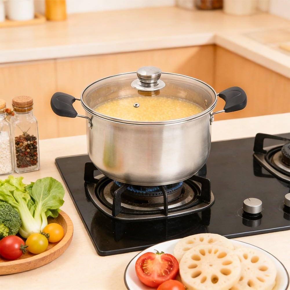 Pentola per latte in acciaio inossidabile 304 con coperchio in vetro, pentola per zuppa a doppia maniglia ispessita, per alimenti per bambini, porridge e salsa, compatibile con induzione, argento (25