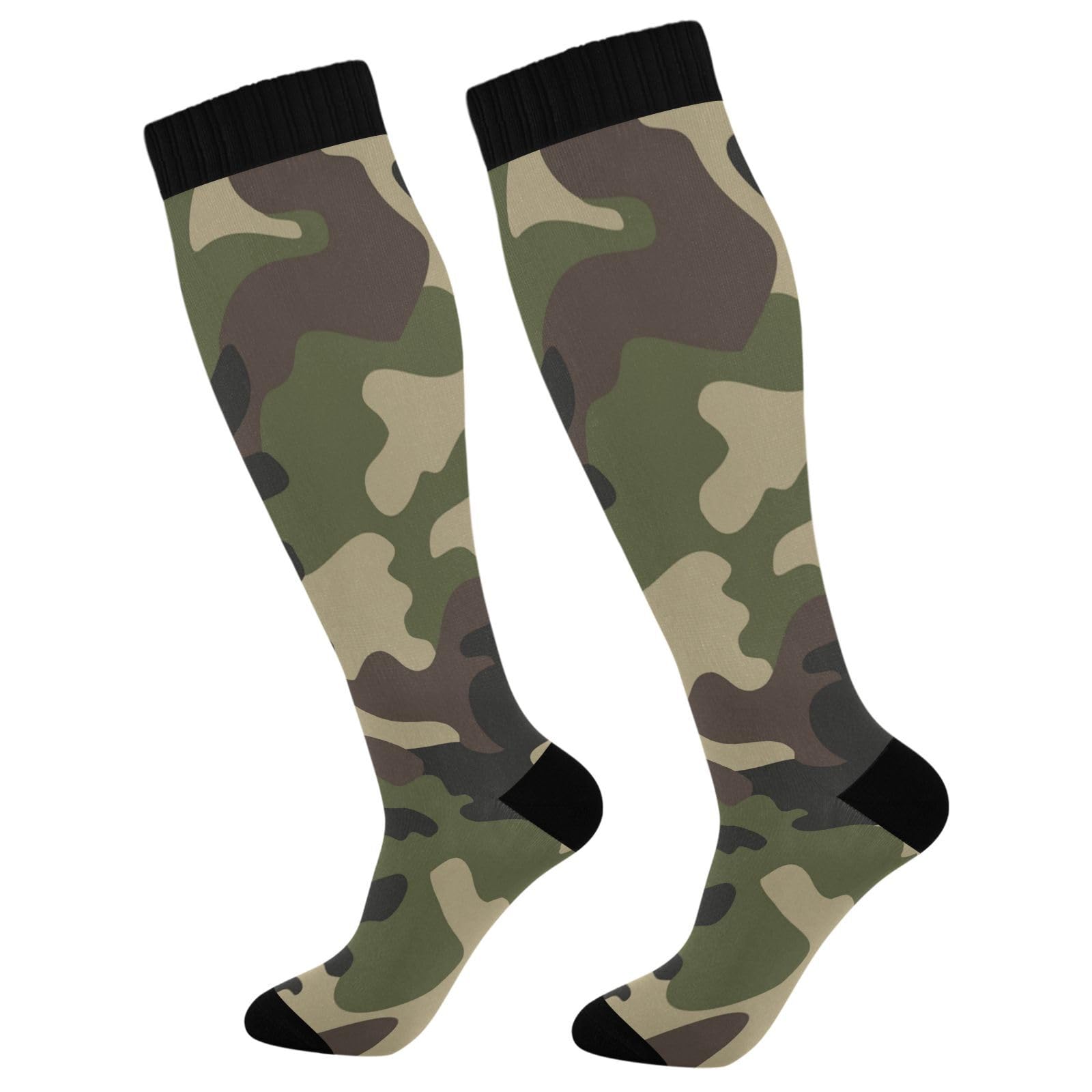 BOESI Green Brown Camouflage Compression Socks, Women's and Men's Knee High Running Socks for Sports, Running, Travel