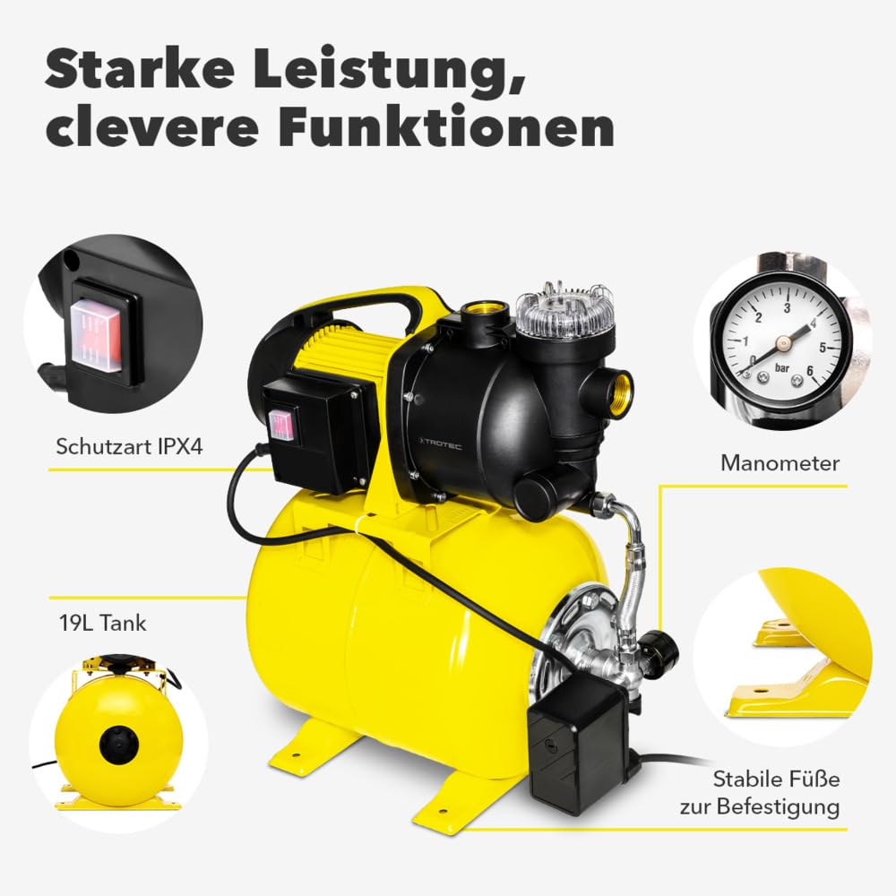 TROTEC TGP 1025 EF Hauswasserwerk mit Vorfilter – Edelstahl, 3.500 l/h, 1.000 W, 30 m Förderhöhe, für Brauchwasser und Garten