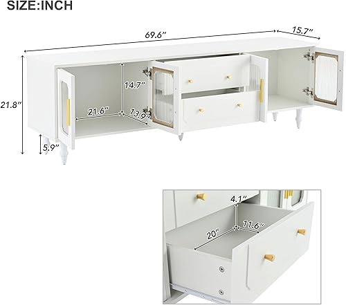 Miniatura 105 de Merax Soporte de TV de diseño retro con puertas de vidrio estriado y 2 cajones y armarios para televisores de hasta 78 pulgadas, práctica consola