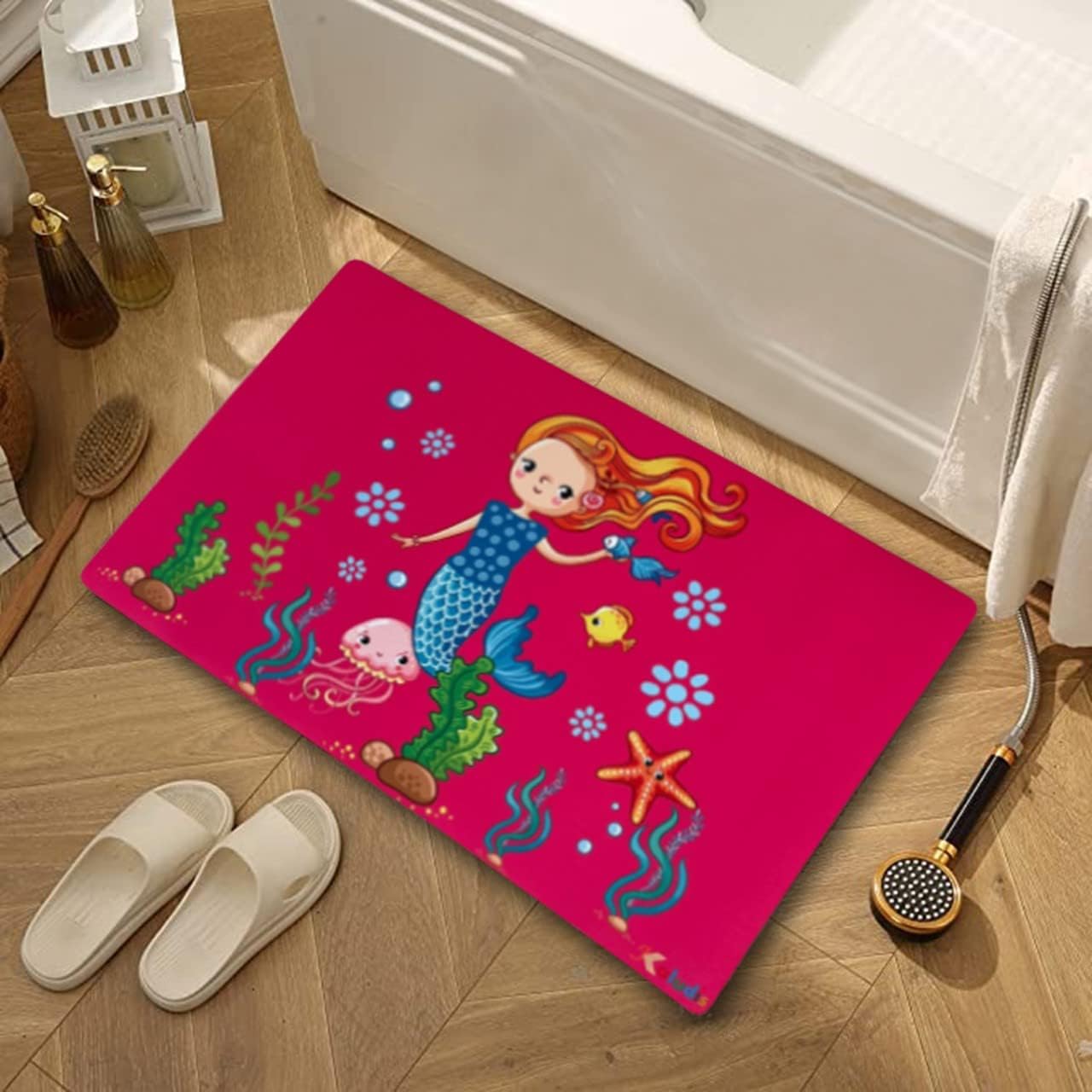 Kaludis Diatom Bath Mat, Anti-Slip,Super Absorbent Floor Mat And Quick Dry Door Mat,Non Slip,Thickened,Soft And Easy To Clean Kids Bath Mat.(60X40CM,Pink Mermaid Theme)