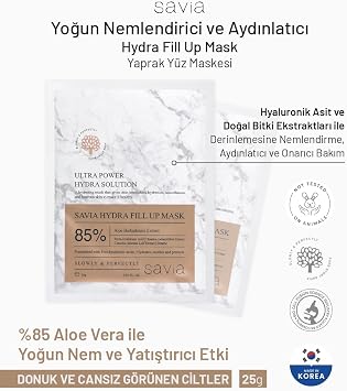 Ovaco Yoğun Nemlendirici ve Aydınlatıcı Yüz Maskesi,%85 Aloe Vera, Hyaluronik Asit ve Centella İçeren Kore Cilt Bakımı, Hydra Fill Up Kağıt Maske – Savia