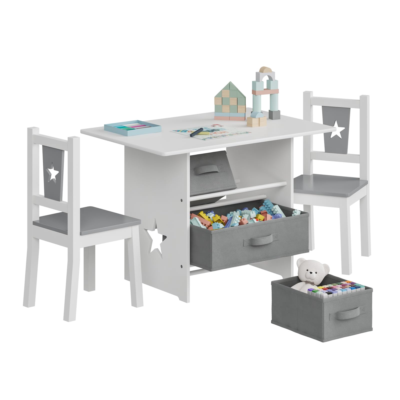 WOLTU Kindersitzgruppe, 1 Kindertisch und 2 Stühle, Kindertisch mit Stauraum, Kindermöbel Set aus Holz, mit 3 Aufbewahrungskörben, Sitzgruppe für Kinder, Grau + Weiß