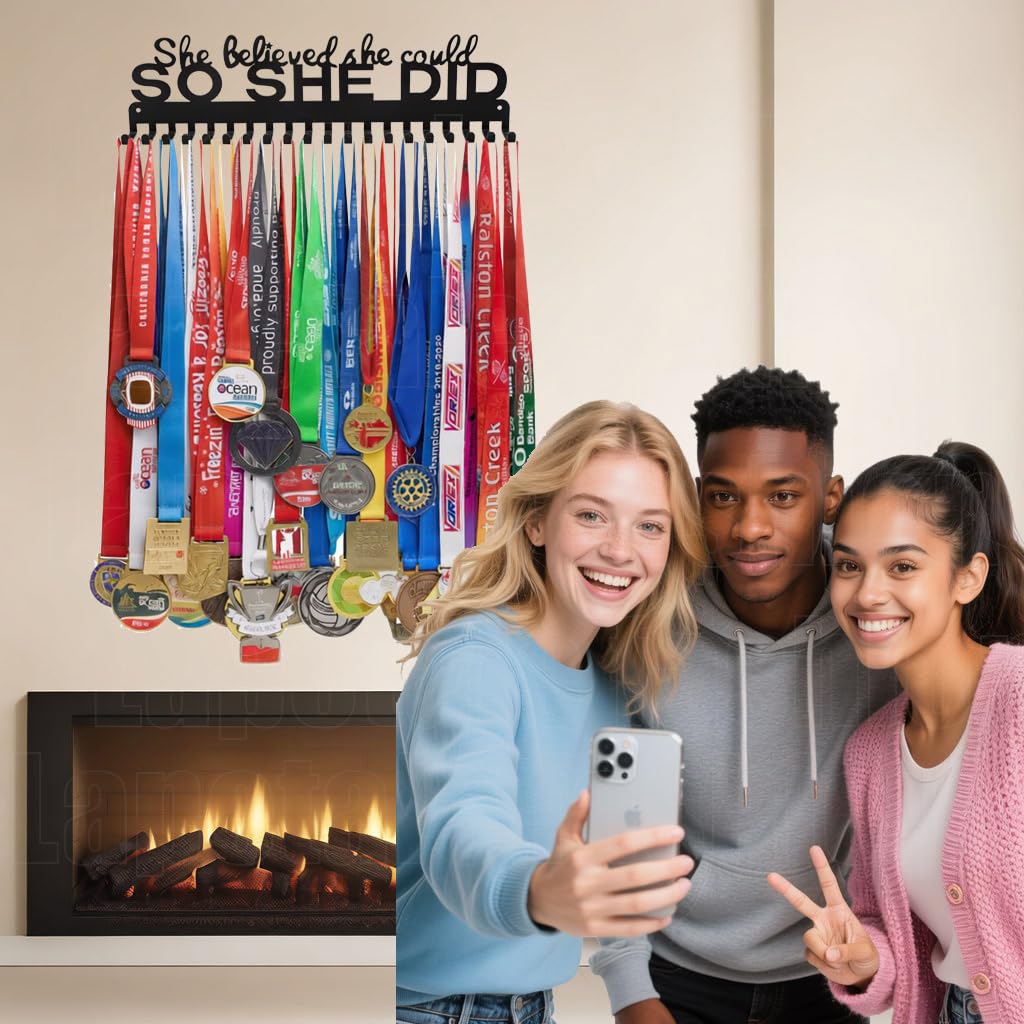 Lapetale Fashion Medal Hanger Display - She Believed She Could She Did - Personalized Medal Holder for Sport Race Runner Sturdy Steel Metal Plaque Over 63 Medals Awards Easy to Install