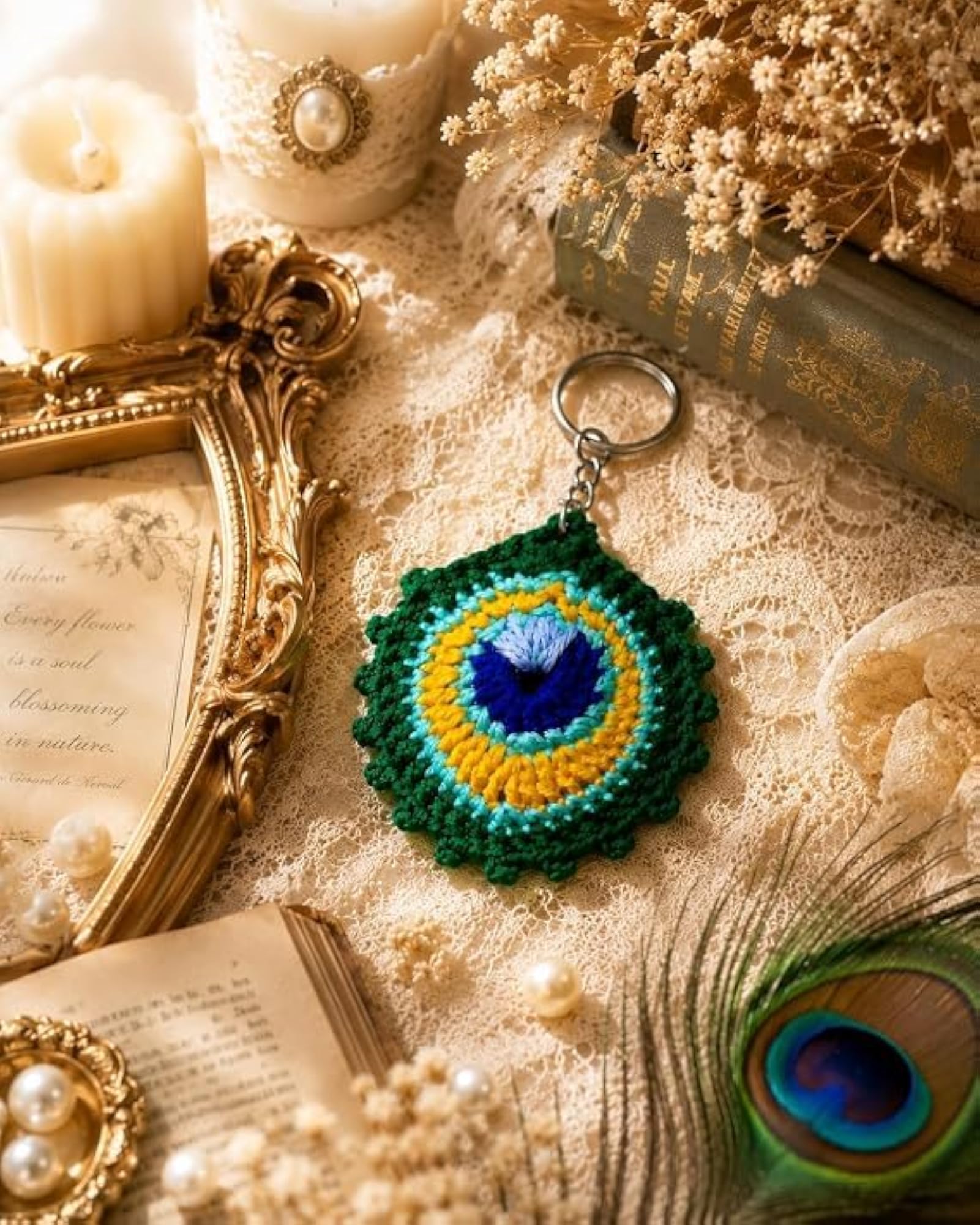 Crochet Peacock Feather Keychain Woollen Bag Charm