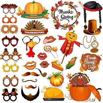 33pcs Thanksgiving Day Photo Booth Props Funny Turkey Day Kits DIY Selfie Props with Stick for Happy Thanksgiving Party Favors