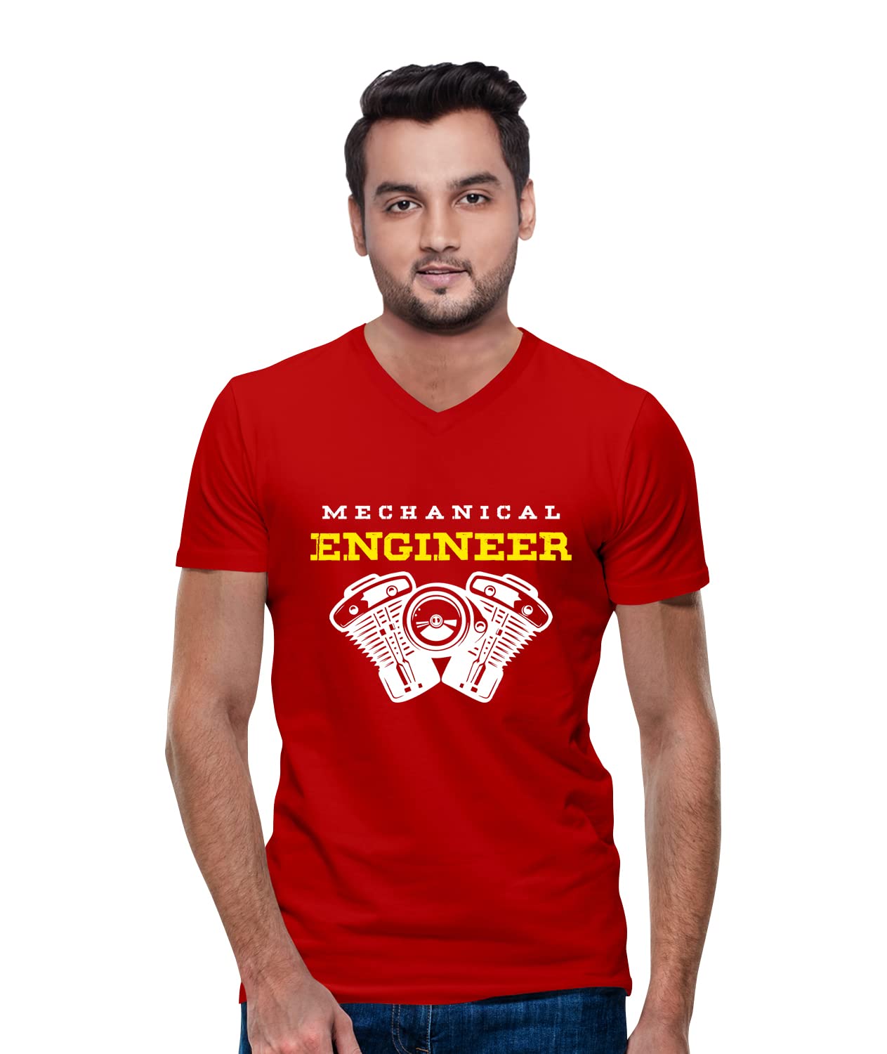 OPLUMen's Regular Fit Mechanical Engineer Cotton Graphic Printed V Neck Half Sleeves T-Shirt. Trendy, Trending Tshirts, Offer, Discount, Pootlu, Sale.