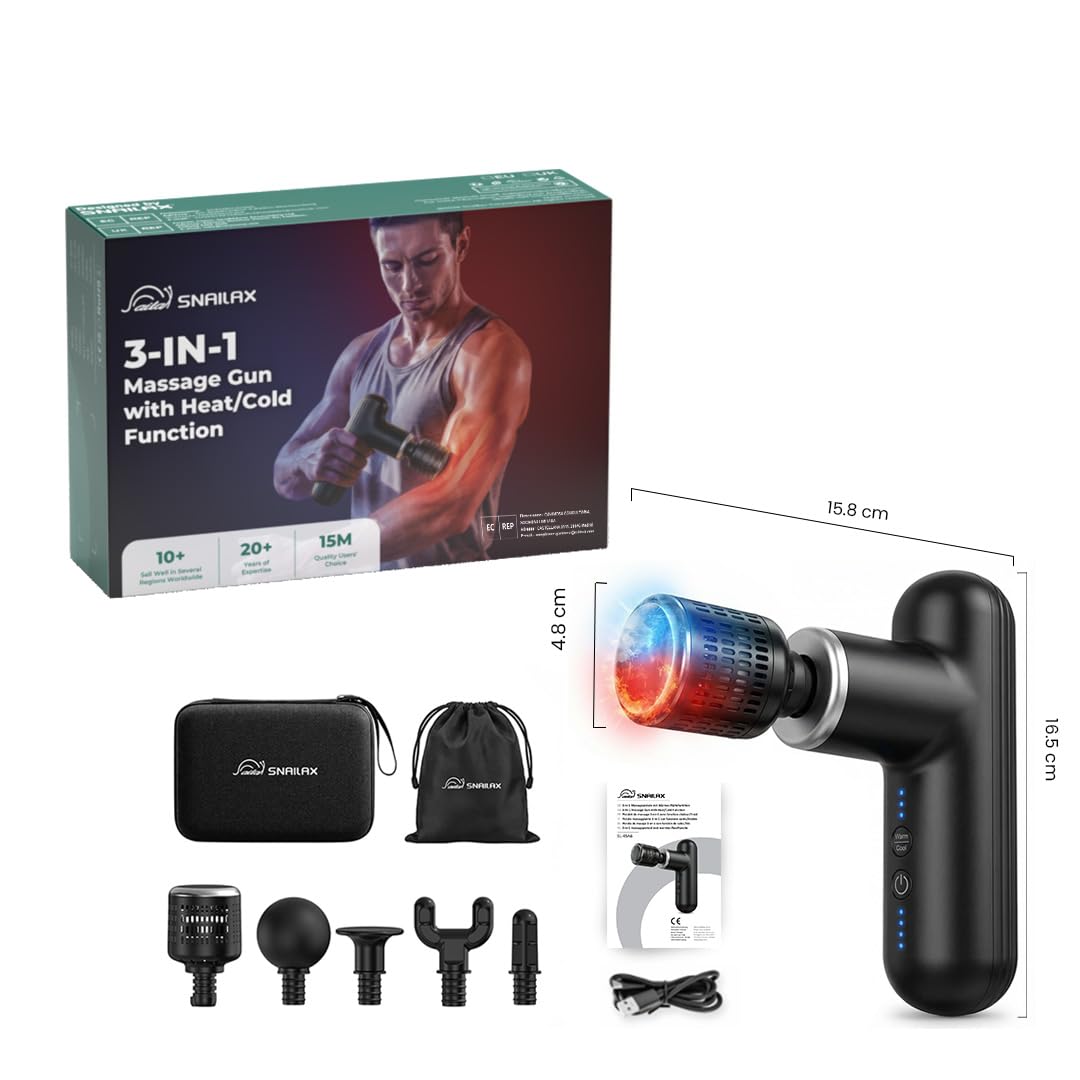 Snailax Pistolet de massage avec fonction chaleur et froid, moteur puissant | 6 niveaux de température, 5 têtes , étui EVA portable, charge USB-C, pour le sport, le bureau et la détente à domicile