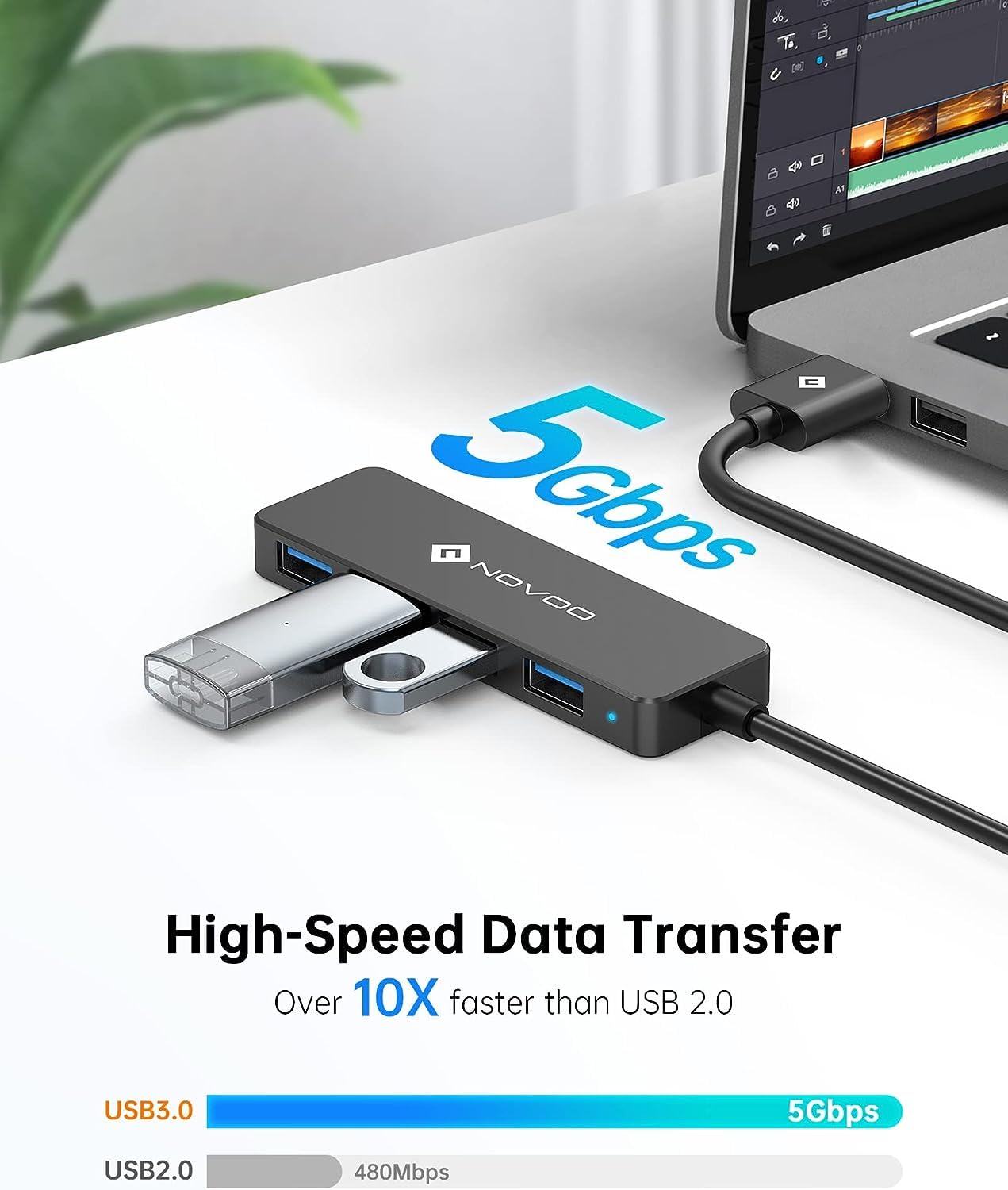 Diagram illustrating 5Gbps high-speed data transfer with the NOVOO USB Hub, showing it is over 10 times faster than USB 2.0
