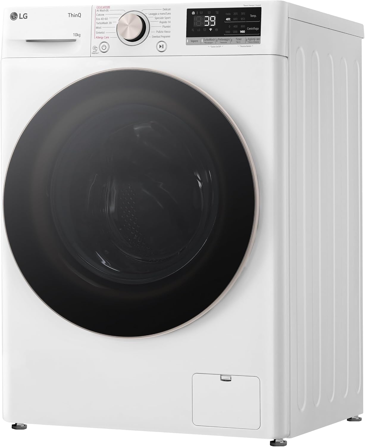 LG AI DD F4R7010TSWG Lavatrice 10 kg Classe A -10%, 1400 Giri, Carica Frontale con Oblò in Vetro Temperato, Funzione TurboWash 360, Vapore su 7 Programmi, Wi-Fi, Libera installazione, Serie R7, Bianca