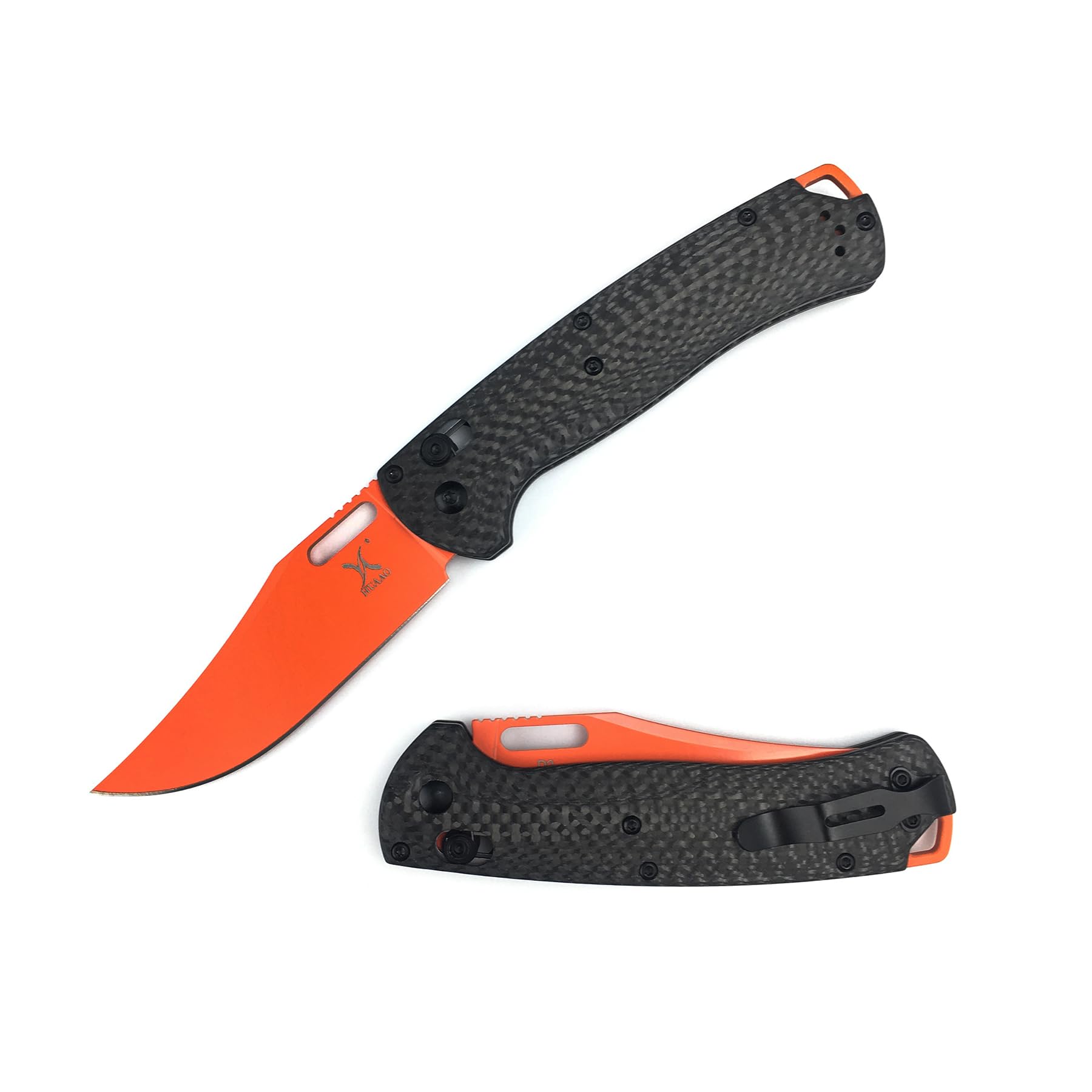 HUAAO Manual Open Folding Knife with 3.43’’ Orange D2 Blade Black Carbon Fiber Handle, EDC Pocket Knife with Clip for Camping Hunting