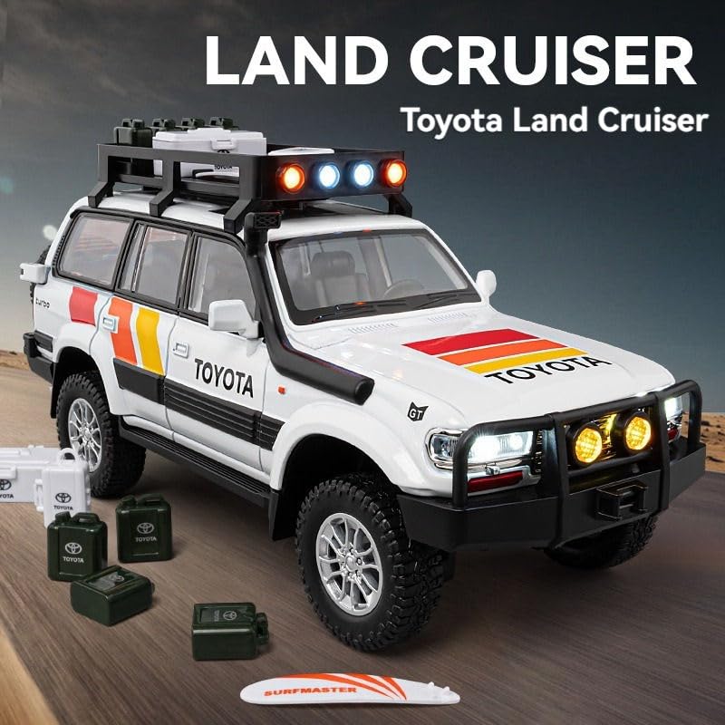 Image of Toyota Land Cruiser LC80 1:24 Diecast Metal Car - Openable Doors, Sound&Light, Pull Back Action,Collectible Toy Car for Kids - Durable & Realistic Model Collectors (Yellow-Grey)