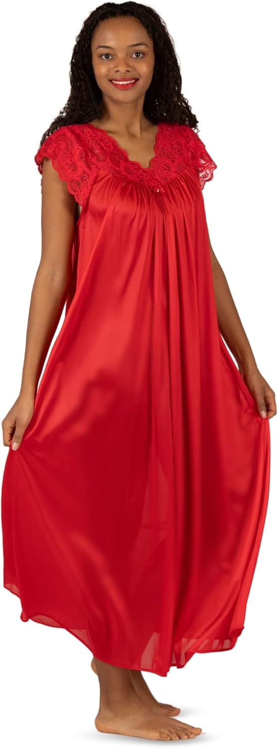 Shadowline Women's Long Flowy Figure Flattering Cap Sleeve Nightgown– Silky Floral Soft Lace Lingerie Elegant Sleepwear