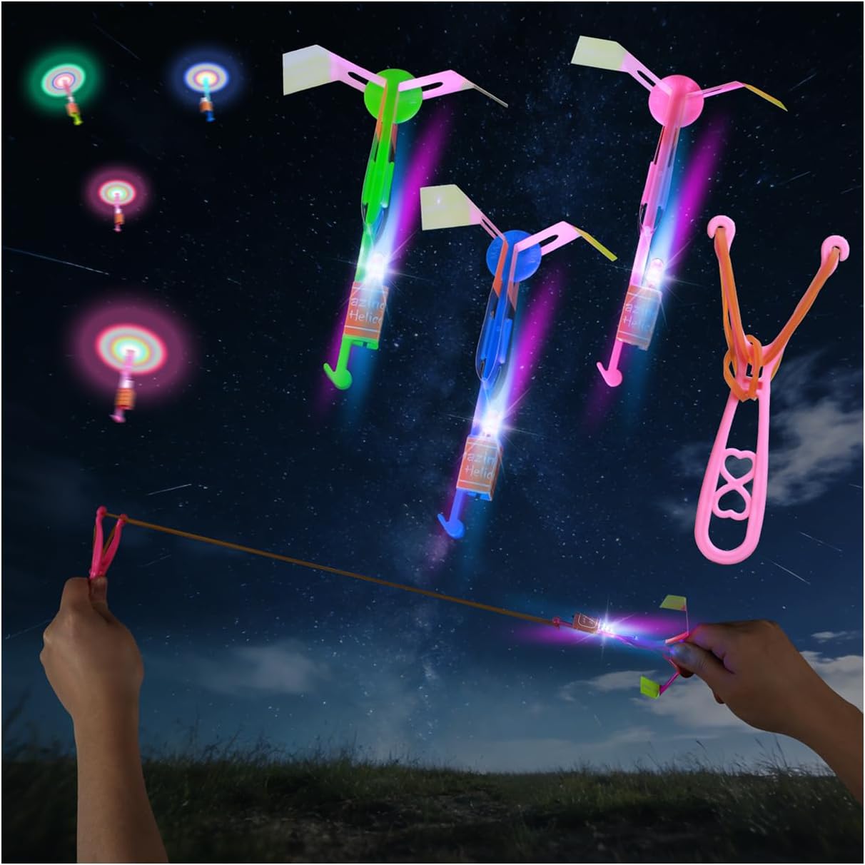 SCIONE 24 Sets LED Flying Set, 24 Slingshot+24 Glow Helicopter-48 Pcs, Flying Toy Outdoor Toys Glow in The Dark Party Supplies Party Favors for Kids 8-12,4-8