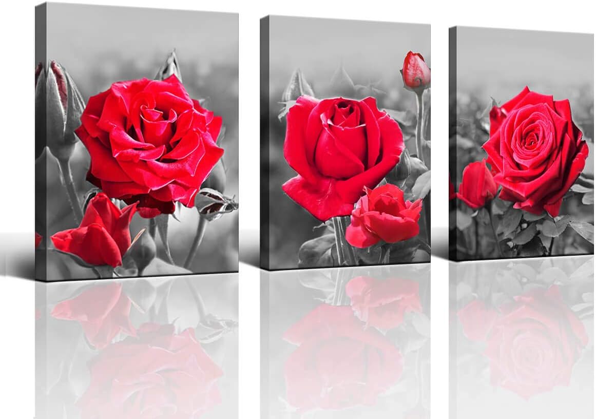 Wall Art Bedroom Simple Living Black and White Red Rose Flower Canvas Wall Art Deco 12" x 16" 3 Piece Living Room Decoration Office Art Frame Canvas Printing Ready to Hang Home Decoration Rose Art
