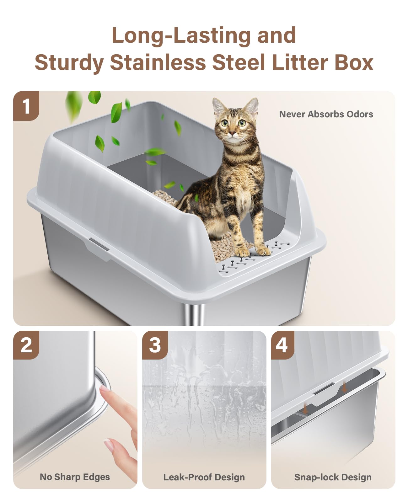 Stainless Steel Cat Litter Box XL with Lid, Enclosed Metal Extra Large Litter Box Pan High Sided with Scoop for Big Cats, Non-Sticky, Anti-Urine Leakage, Easy Cleaning - image 5