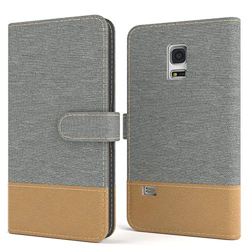 EAZY CASE Tasche kompatibel mit Samsung Galaxy S5 Mini Stoff Schutzhülle mit Standfunktion Klapphülle Bookstyle, Handytasche Handyhülle mit Magnetverschluss & Kartenfach, Kunstleder, Hellgrau