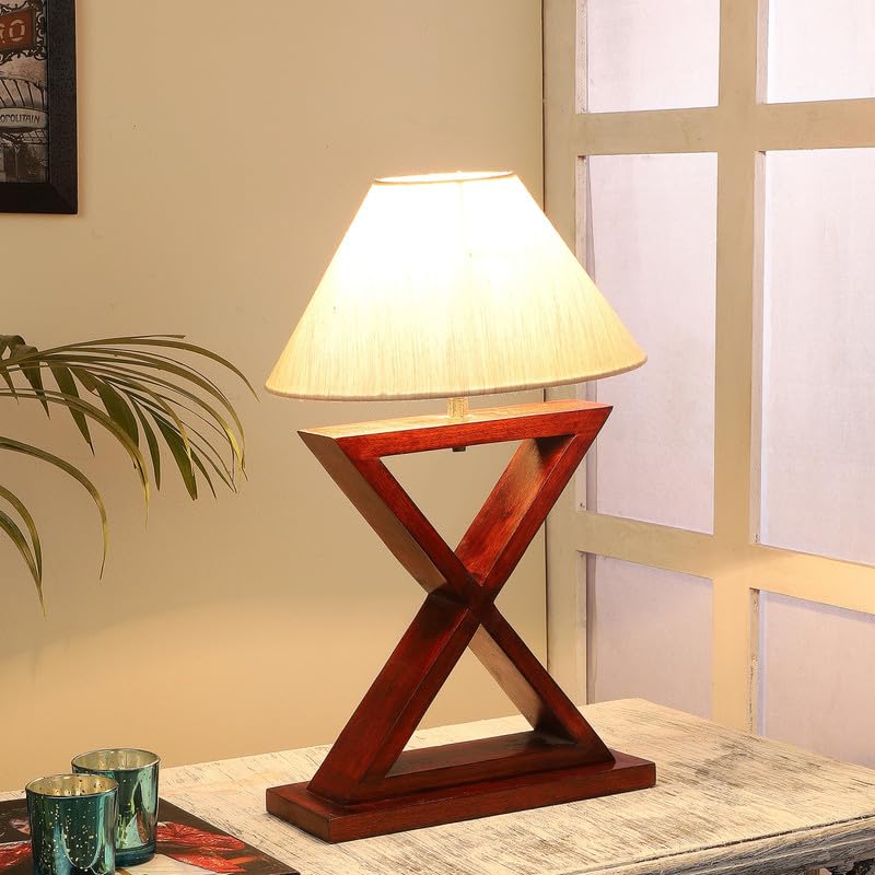 Image of tu casa Table Lamps with Mango Wood Base & Off-White Cotton Shades for Home Decor, Bedrooms, Living Room, Gifting, Diwali Decoration, Dining Space, Study Room, Hall (Height- 42cm) - Bulb not Included
