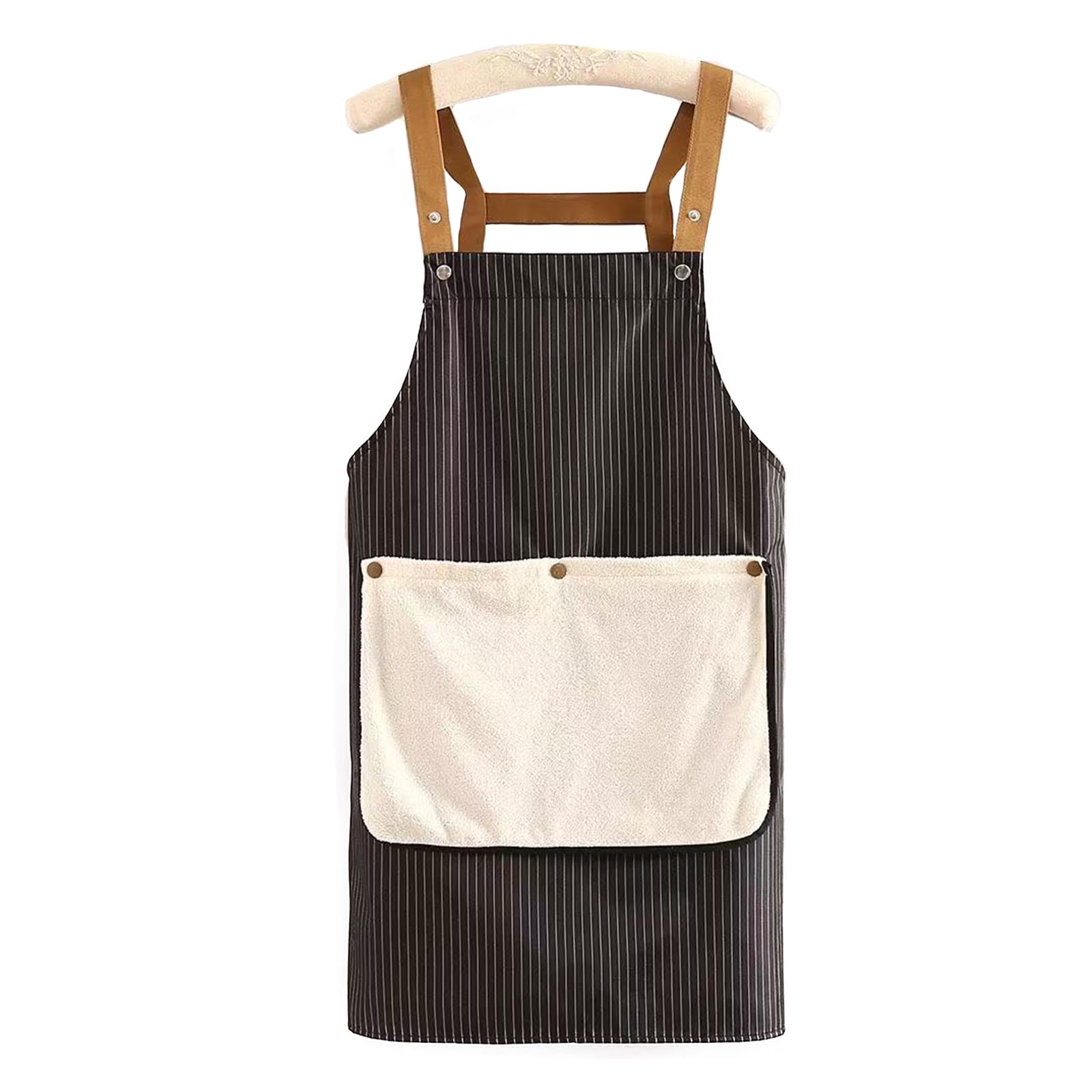 VEELTRAS Striped Apron Dress with 2 Pockets, Detachable Hand Towel, Cross Back Apron, Suitable for Cooking, Baking, Kitchen, Sculpture, Gardening (black stripe)