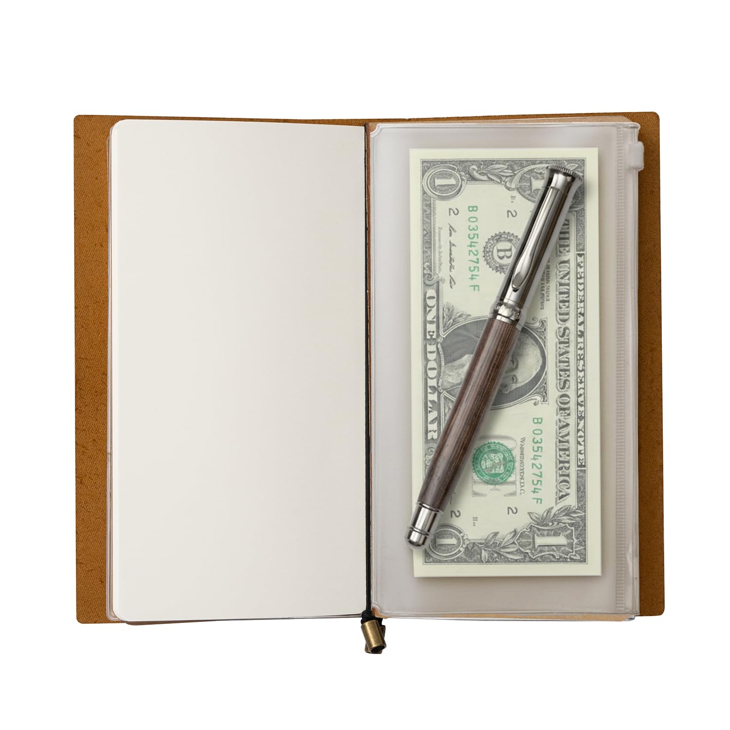WANDERINGS Cuaderno de Viaje Tamaño Regular/Diario de Cuero Genuino -11,5 x 22cm - Incluye un Portabolígrafos, con un Bolígrafo, 2 Recambios de Tinta Extra, Carpeta de PVC y un Clip Sujetapapeles
