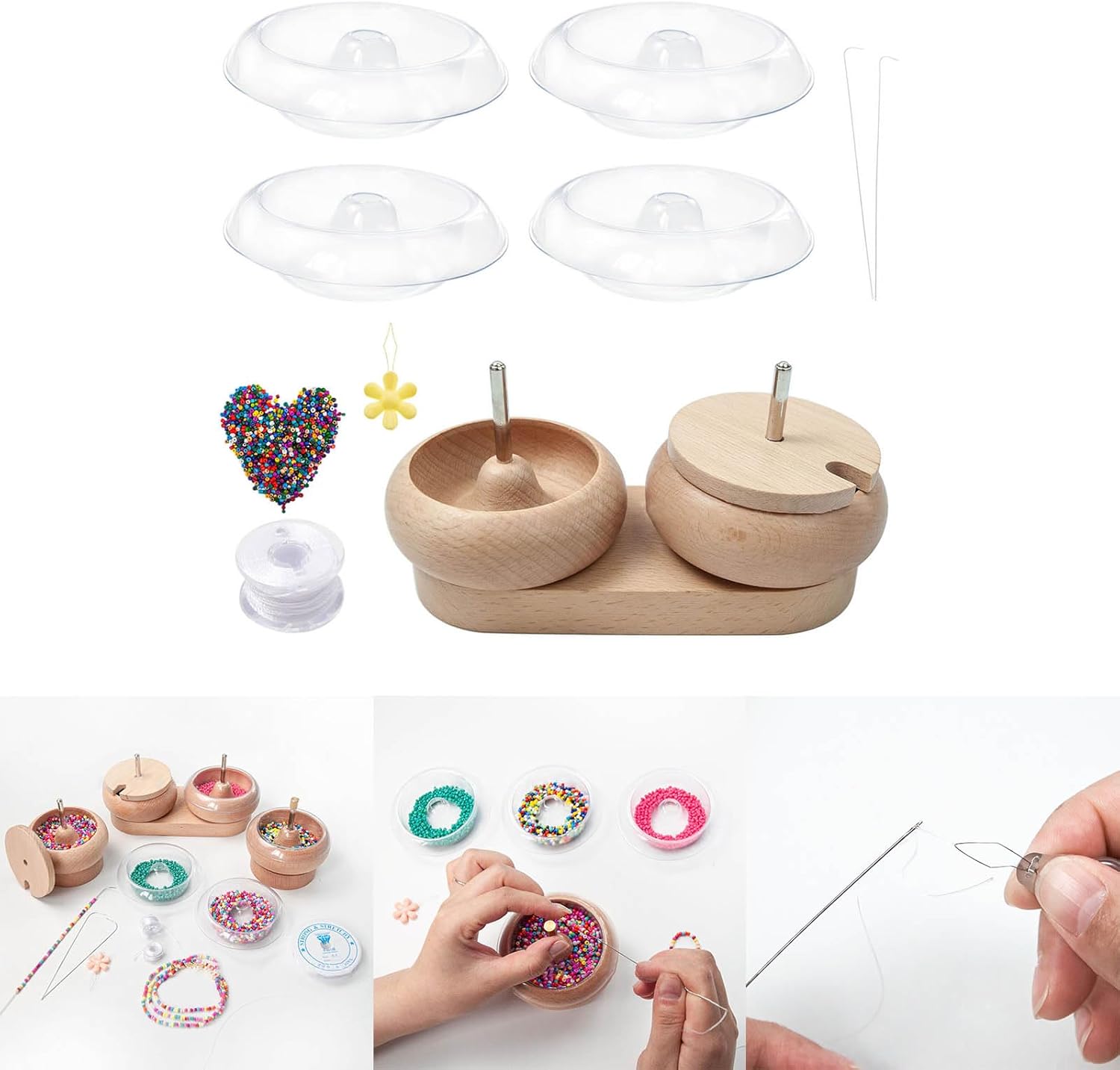 Ywmsfl Jewelry Making Wood Bead Spinner Bowl with Holder and Stringing Tools Jewelry Making Tools Craft Supplies